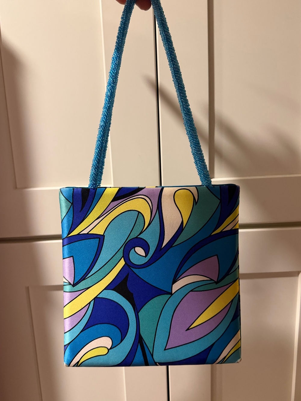 VTG Swee Lo New York Silk Mod Shoulder Bag Blue Swirl Beaded Strap